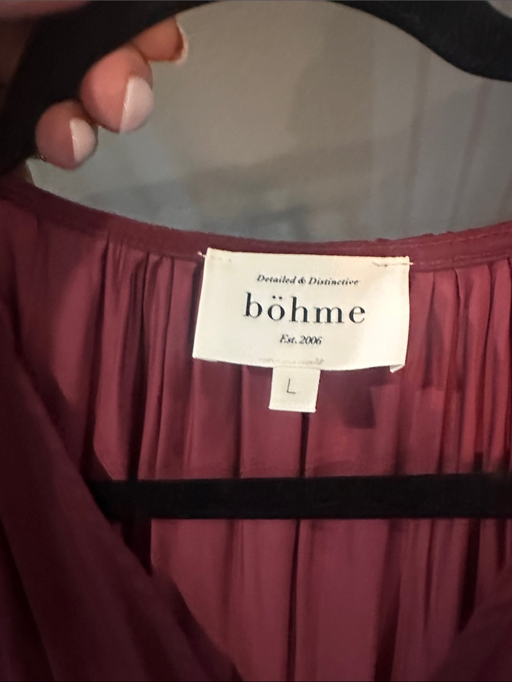 Bohme Maroon Ruffle Willa Midi Dress features a V-neckline and tiered skirt. L - Picture 12 of 12